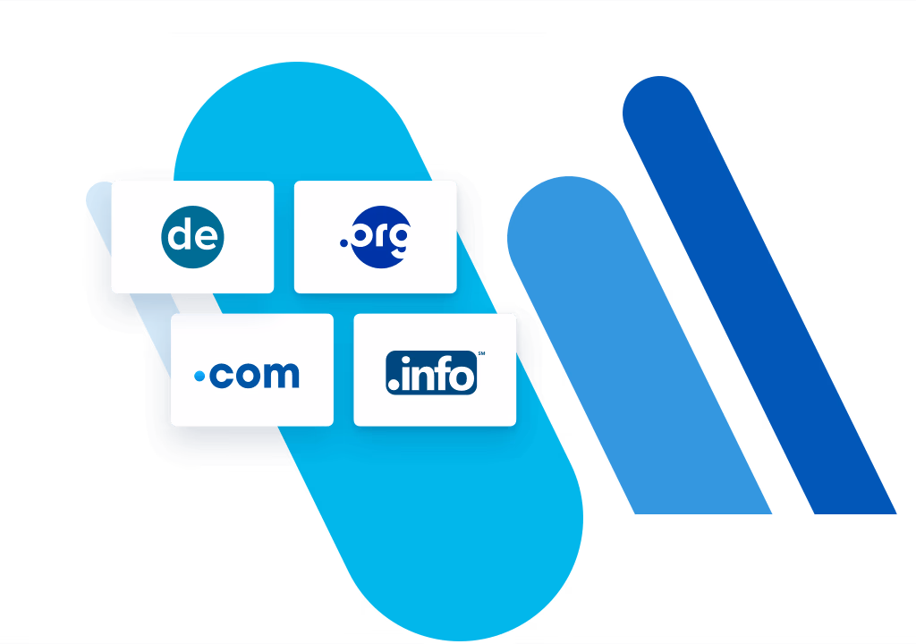 Blaue Balken mit Domain Icons von TLDs .de, .org, .com und .info