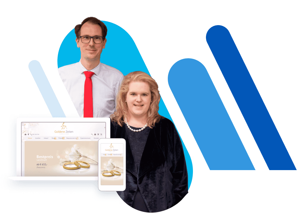 Schwarz gekleidete Frau und Mann mit weißem Hemd und roter Krawatte. Screens von Website, auf der Goldringe abgebildet sind