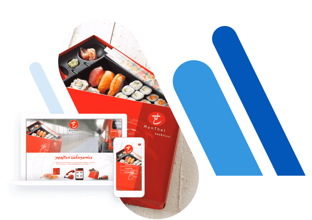 Sushi in einer Box und eine Speisekarte. Screens einer Website