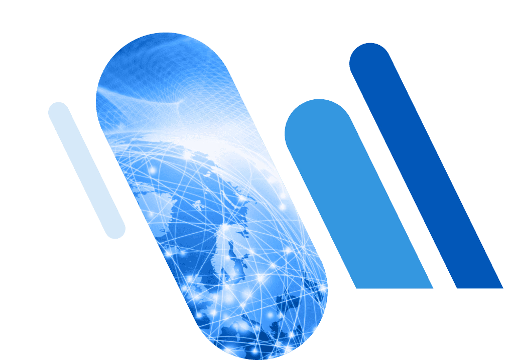 Weltkugel mit Leuchtpunkten und blaue Balken